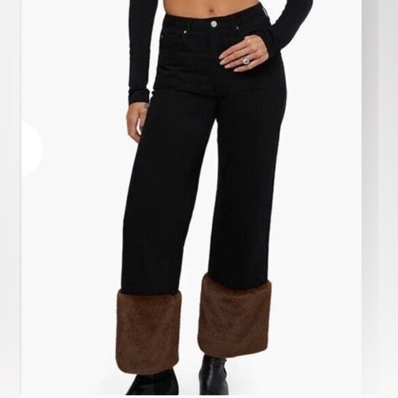 WeWoreWhat Denim - WeWoreWhat Black Straight Leg Jeans with brown faux fur cuff
